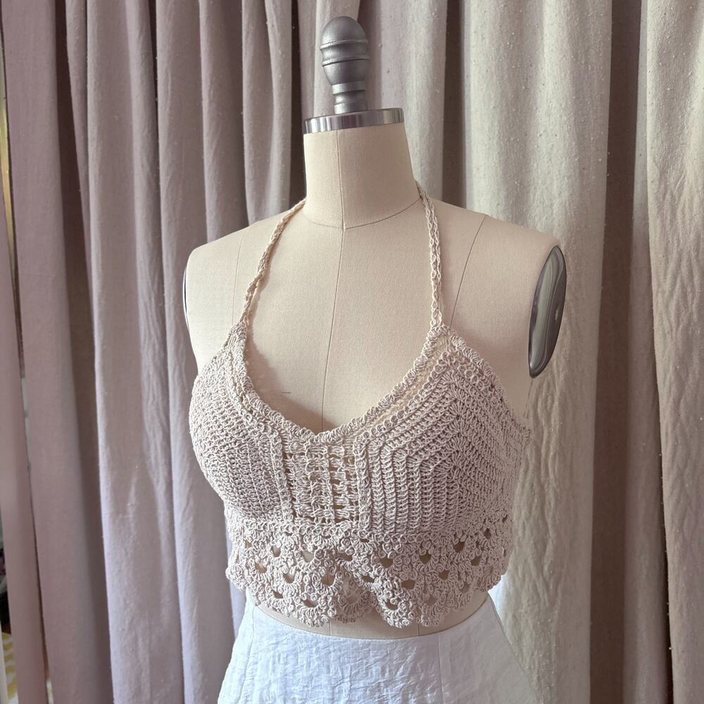 Crochet Halter Crop Top Cream One Size Padded Tie Back Festival